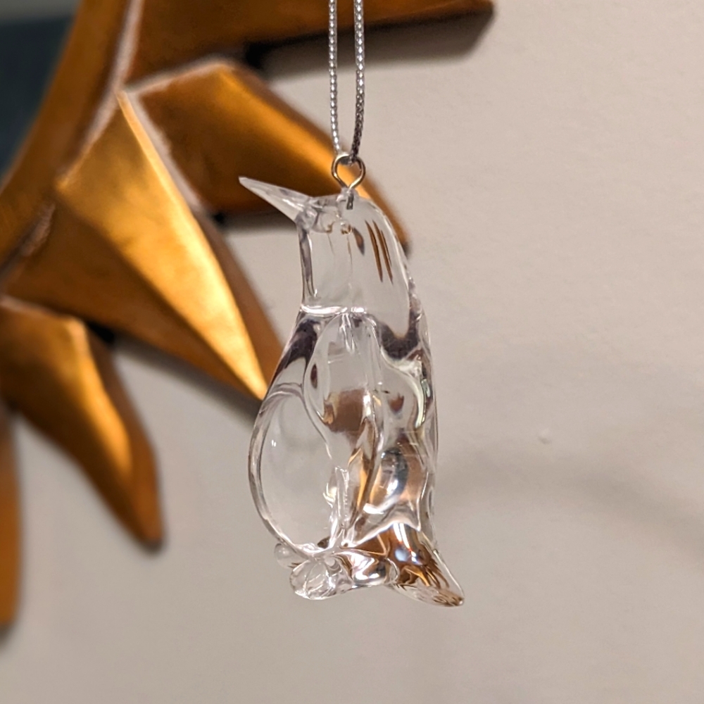 Acrylic Clear Penguin Christmas Ornaments Set Of Four Silver Hanging Thread EUC
